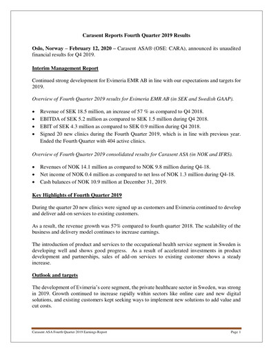 Thumbnail Carasent ASA Quarterly Report 2019-q4