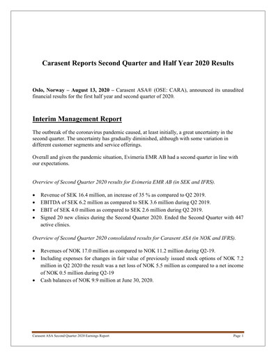 Thumbnail Carasent ASA Quarterly Report 2020-q2