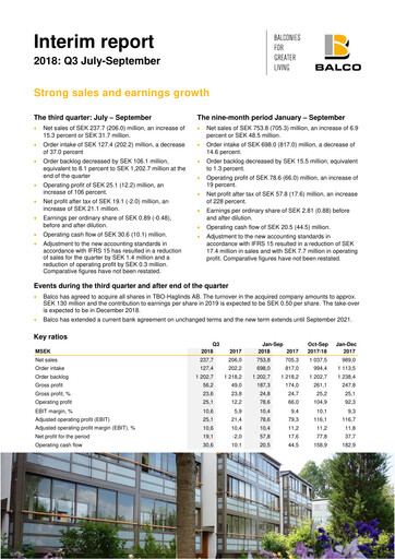 Miniature Balco Group Rapport trimestriel 2018-q3