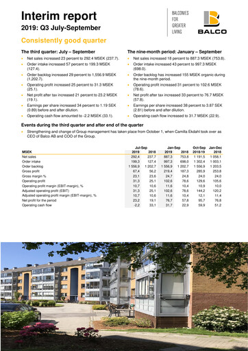 Miniature Balco Group Rapport trimestriel 2019-q3