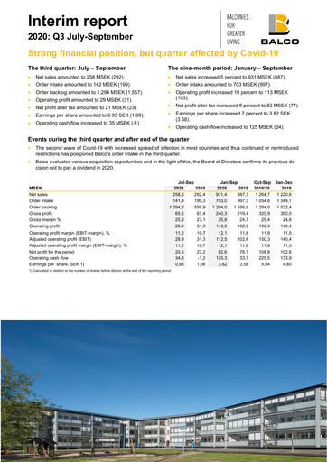 Miniature Balco Group Rapport trimestriel 2020-q3