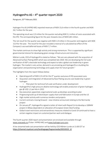 Thumbnail HydrogenPro ASA Quarterly Report 2020-q4