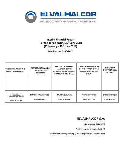 Miniature Elvalhalcor Hellenic Copper and Aluminium Industry Rapport semestriel 2018-h1