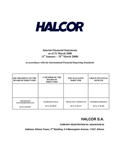 Miniature Elvalhalcor Hellenic Copper and Aluminium Industry Rapport trimestriel 2008-q1