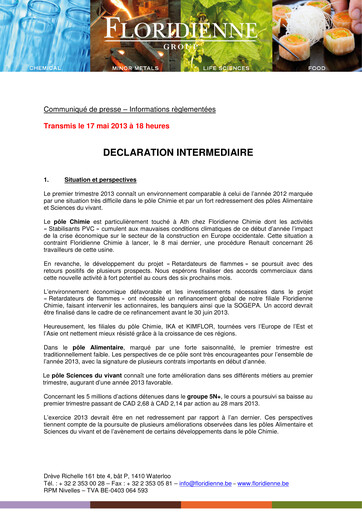 Thumbnail Floridienne S.A. Quarterly Report 2013-q1