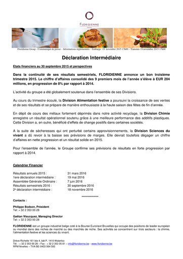 Thumbnail Floridienne S.A. Quarterly Report 2015-q3