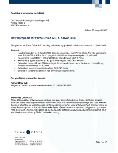 Thumbnail Prime Office A/S Half-year Report 2008-h1