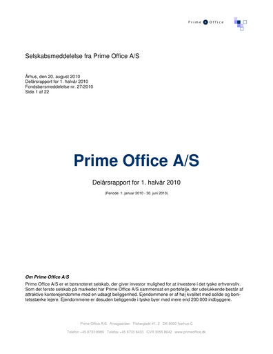 Thumbnail Prime Office A/S Half-year Report 2010-h1