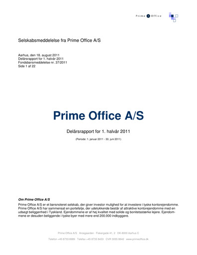 Thumbnail Prime Office A/S Half-year Report 2011-h1