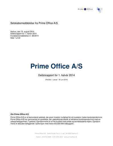 Thumbnail Prime Office A/S Half-year Report 2014-h1