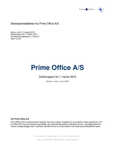Thumbnail Prime Office A/S Half-year Report 2015-h1