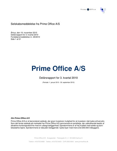 Thumbnail Prime Office A/S Quarterly Report 2010-q3