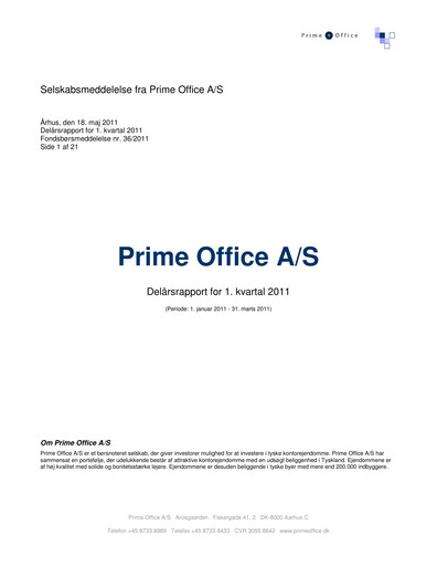 Thumbnail Prime Office A/S Quarterly Report 2011-q1