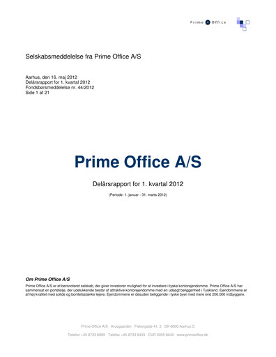 Thumbnail Prime Office A/S Quarterly Report 2012-q1