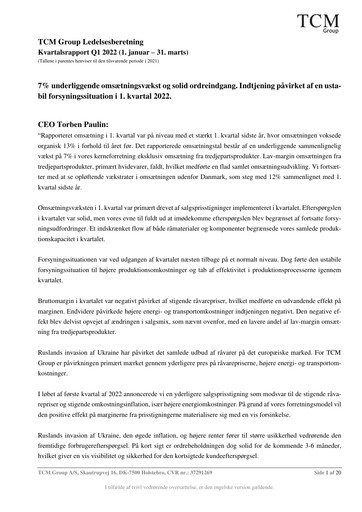 Thumbnail TCM Group A/S Quarterly Report 2022-q1