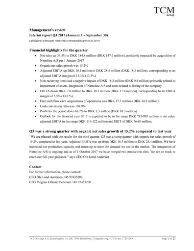 Thumbnail TCM Group A/S Quarterly Report 2017-q3