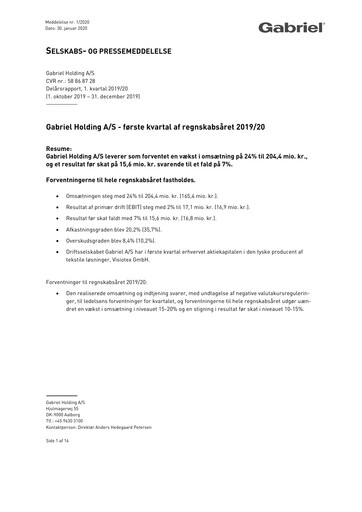 Thumbnail Gabriel Holding A/S Quarterly Report 2019-q1