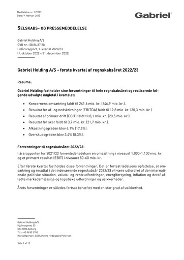 Thumbnail Gabriel Holding A/S Quarterly Report 2022-q1