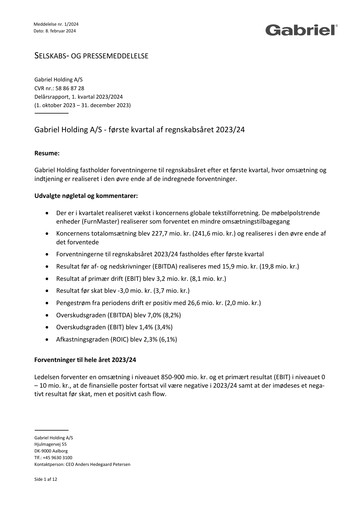 Thumbnail Gabriel Holding A/S Quarterly Report 2023-q1