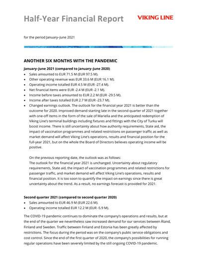 Thumbnail Viking Line Abp Half-year Report 2021