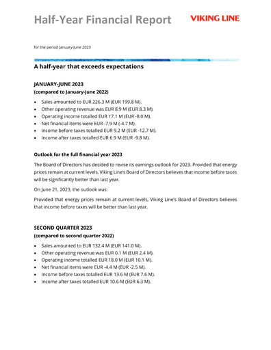 Thumbnail Viking Line Abp Half-year Report 2023