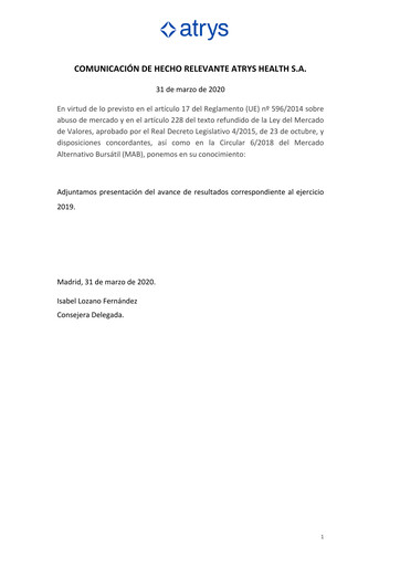 Thumbnail Atrys Health Financial Report 2019