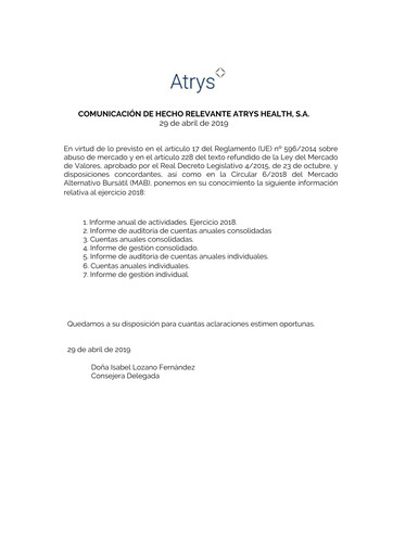 Thumbnail Atrys Health Financial Statement 2018