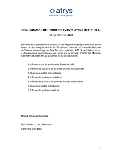 Thumbnail Atrys Health Financial Statement 2019