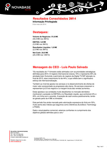 Miniature Novabase Rapport trimestriel 2014-q1