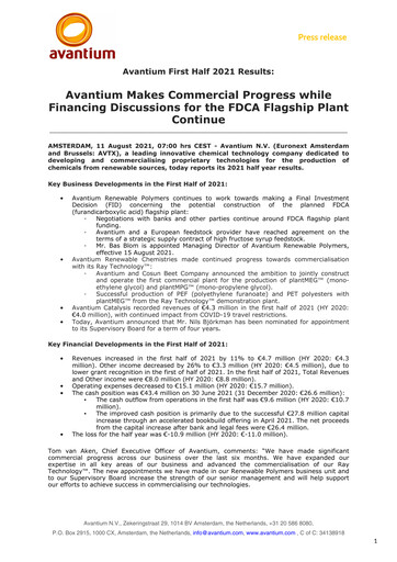 Thumbnail Avantium N.V. Half-year Report 2021-h1