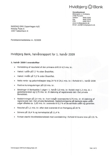 Thumbnail Hvidbjerg Bank Half-year Report 2009-h1