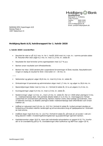 Thumbnail Hvidbjerg Bank Half-year Report 2020-h1