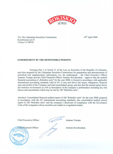 Thumbnail Rokiskio Suris AB Annual Report 2008