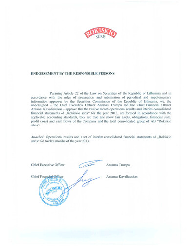 Miniature Rokiskio Suris AB Rapport financier 2013