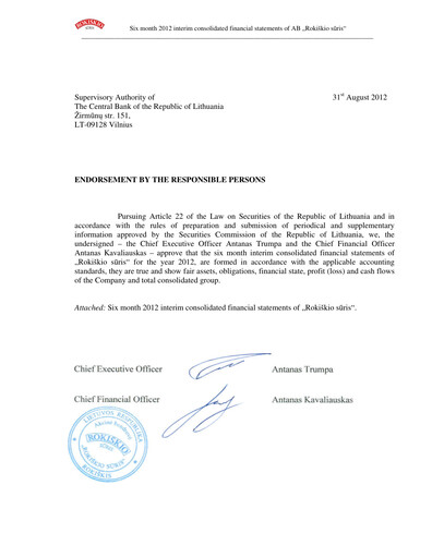 Miniature Rokiskio Suris AB Rapport semestriel 2012-h1