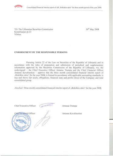 Miniature Rokiskio Suris AB Rapport trimestriel 2008-q1