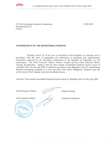 Miniature Rokiskio Suris AB Rapport trimestriel 2009-q1
