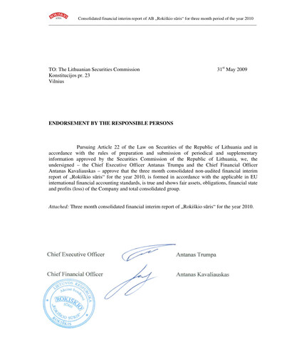 Miniature Rokiskio Suris AB Rapport trimestriel 2010-q1