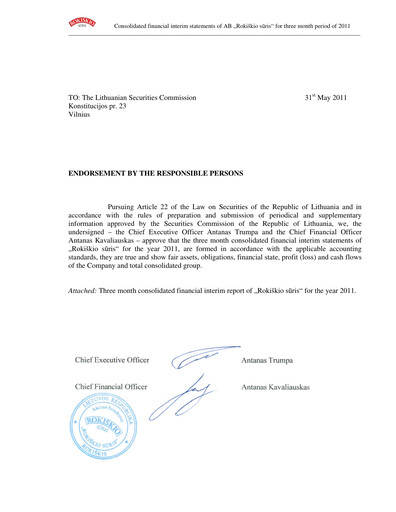 Miniature Rokiskio Suris AB Rapport trimestriel 2011-q1