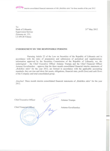 Miniature Rokiskio Suris AB Rapport trimestriel 2012-q1