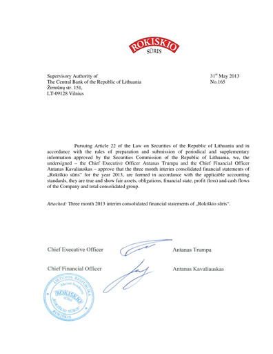 Miniature Rokiskio Suris AB Rapport trimestriel 2013-q1