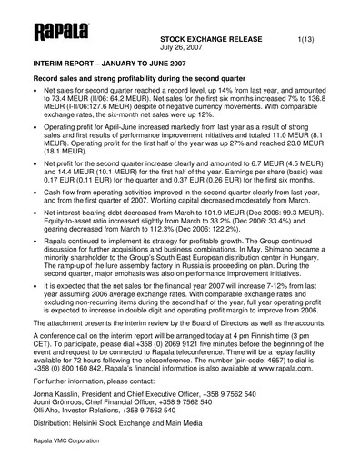 Thumbnail Rapala VMC Corporation Half-year Report 2007-h1