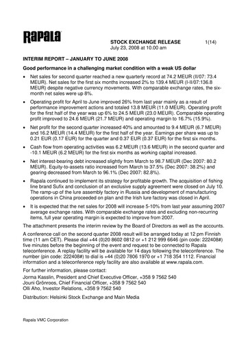 Thumbnail Rapala VMC Corporation Half-year Report 2008-h1
