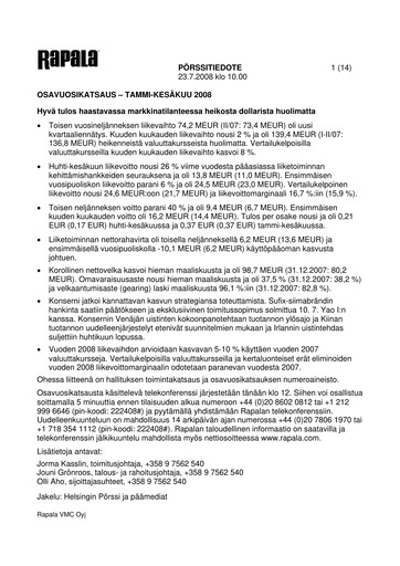 Thumbnail Rapala VMC Corporation Half-year Report 2008-h1