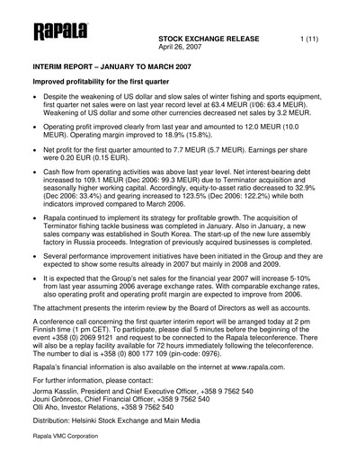Thumbnail Rapala VMC Corporation Quarterly Report 2007-q1