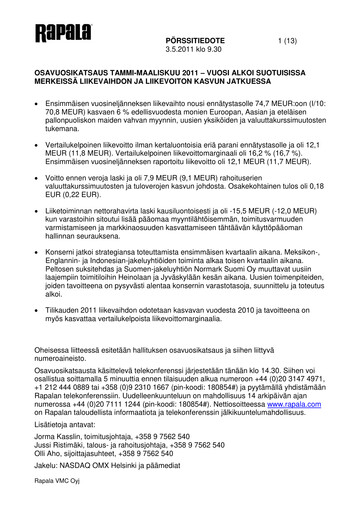 Thumbnail Rapala VMC Corporation Quarterly Report 2011-q1