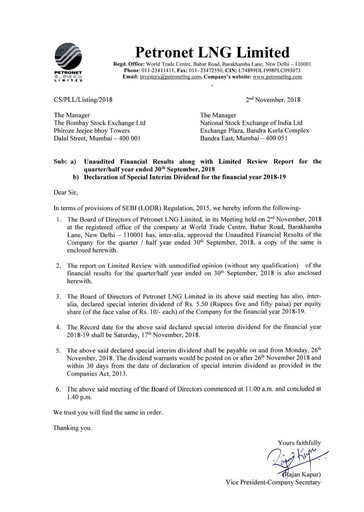 Thumbnail Petronet LNG
 Quarterly Report 2018-q2