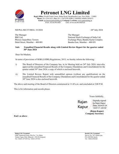 Thumbnail Petronet LNG
 Quarterly Report 2024-q1