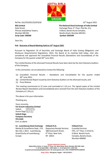 Miniature Grasim Industries
 Rapport trimestriel 2021-q1