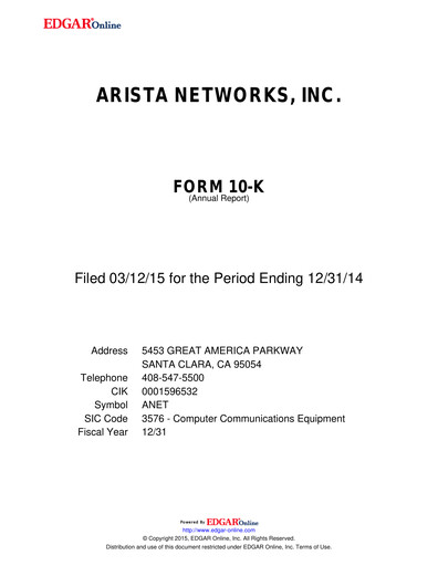 Thumbnail Arista Networks Annual Report 2014